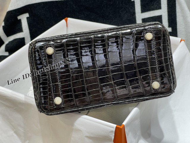 Hermes專櫃經典款鱷魚皮Birkin手提女包 愛馬仕鉑金25CM石墨灰金扣進口高光尼羅鱷魚肚皮純手工女包 zhh1226